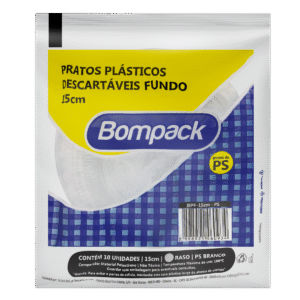 PRATO PLÁSTICO DESCARTÁVEL FUNDO BRANCO BOMPACK 15CM PACOTE 10 UN