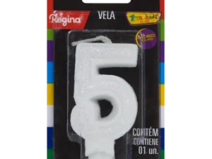 VELA GLITTER BRANCA NUMERO 5 REGINA